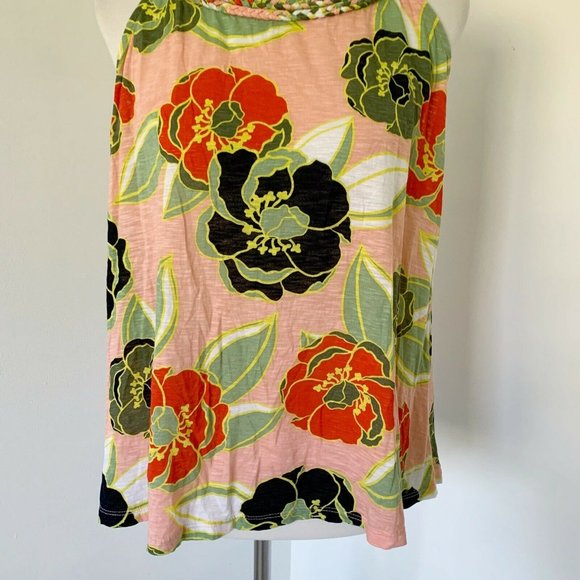 Crown & Ivy Sleeveless Braid Trim Tank Top Shirt Blouse Floral Coral Orange M - Picture 3 of 10